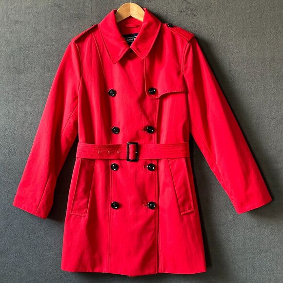 Lands' End Red Rain Trench Coat Short Double Breasted Belted - Women's Size 12 - Picture 1 of 15